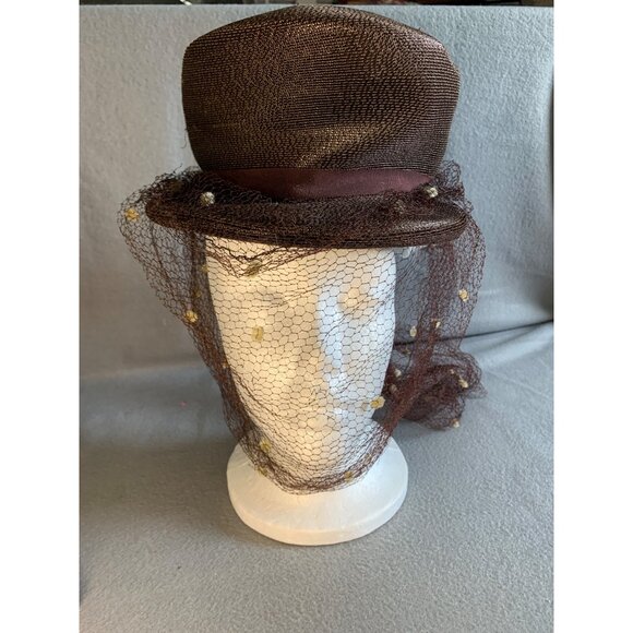 Ladies Brown Hat with netting and Pom Pom accents Sz 22 Vintage main image 4